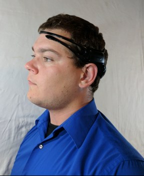 The EEG headset has 5 electrodes: two on the forehead, one on each side of the head, and one on top